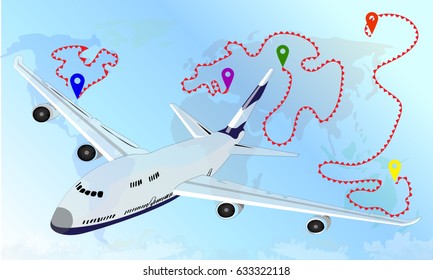 White plane on world background, vector illustration