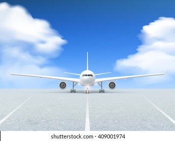 White plane prepares to take off from the runway poster at a realistic blue background and pavement vector illustration