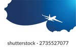 White plane silhouette in blue sky flying above clouds to sun direct. Vector background template for webpage header