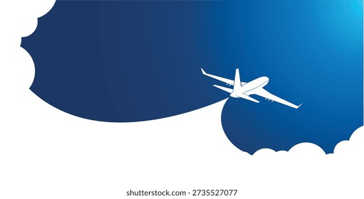 White plane silhouette in blue sky flying above clouds to sun direct. Vector background template for webpage header