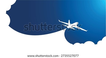 White plane silhouette in blue sky flying above clouds to sun direct. Vector background template for webpage header