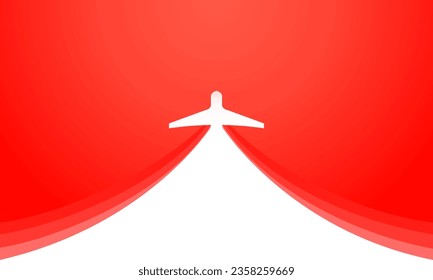Un avión blanco se lanza al cielo sobre un fondo rojo. Presentación de negocios. Publicidad, pancarta y folleto. Ilustración vectorial.