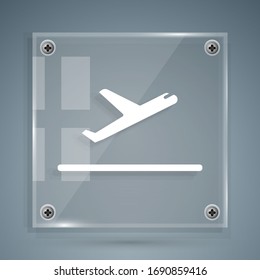 Icono de despegue del avión blanco aislado en fondo gris. Símbolo de transporte del avión. Paneles de vidrio cuadrado. Ilustración vectorial
