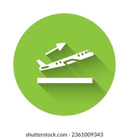 White Plane takeoff icon isolated with long shadow. Airplane transport symbol. Green circle button. Vector