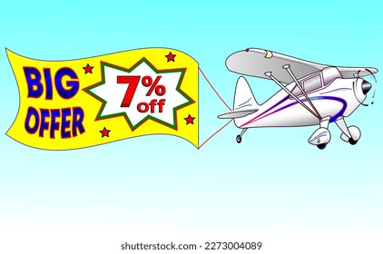Weißes Flugzeug mit gelbem Band, Vektorgrafik groß Angebot 7% Rabatt, illustrativ für Groß- und Einzelhandel, beste Vektorgrafik, Illustration mit blauem Himmel. Gott ist gut!