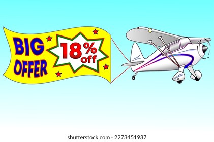 White plane with yellow ribbon, vector illustration big offer 18% off, illustrative for wholesale and retail trade, best vector, illustration with blue sky. God is good!