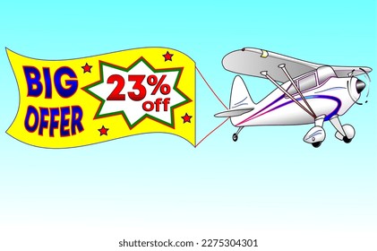 White plane with yellow ribbon, vector illustration big offer 23% off, illustrative for wholesale and retail trade, best vector, illustration with blue sky. God is good!