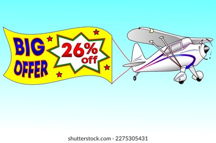 Plano blanco con cinta amarilla, ilustración vectorial gran oferta 26% de descuento, ilustrativo para comercio mayorista y minorista, mejor vector, ilustración con cielo azul. ¡Dios es bueno!