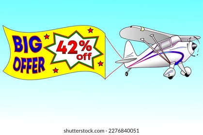 White plane with yellow ribbon, vector illustration big offer 42% off, illustrative for wholesale and retail trade, best vector, illustration with blue sky. God is good!