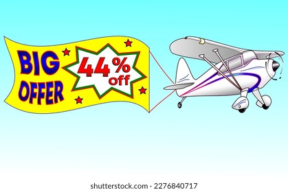 White plane with yellow ribbon, vector illustration big offer 44% off, illustrative for wholesale and retail trade, best vector, illustration with blue sky. God is good!