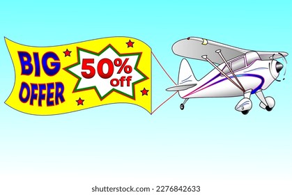 Plano blanco con cinta amarilla, ilustración vectorial gran oferta 50% de descuento, ilustrativo para comercio mayorista y minorista, mejor vector, ilustración con cielo azul. ¡Dios es bueno!
