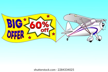 White plane with yellow ribbon, vector illustration big offer 60% off, illustrative for wholesale and retail trade, best vector, illustration with blue sky. God is good!
