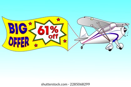 White plane with yellow ribbon, vector illustration big offer 61% off, illustrative for wholesale and retail trade, best vector, illustration with blue sky. God is good!