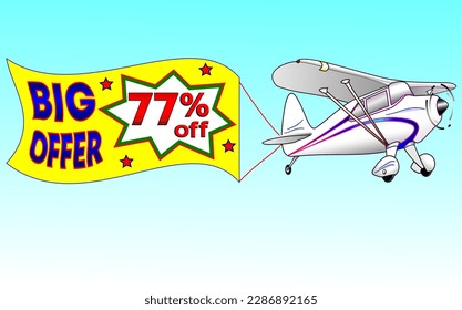 White plane with yellow ribbon, vector illustration big offer 77% off, illustrative for wholesale and retail trade, best vector, illustration with blue sky. God is good!