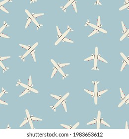 Aviones blancos en el cielo azul. Vista superior. Ilustración del Vector de color dibujado a mano. Estilo de caricatura. Patrón cuadrado sin costuras. Fondo, plantilla de wallpaer. Para tu propio diseño. Envoltura, concepto textil