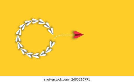 White planes in a circle, red plane moving outwards. A different concept of thinking and decision-making.