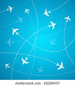 White planes on blue background with stripes, design for airports and travel agencies, vector illustration