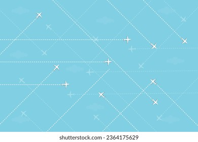 White planes, overlapping dotted lines and clouds. Travel and holiday travel patterns. Light blue background.