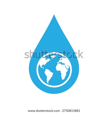 White planet Earth icon is centered within a large blue water droplet shape.