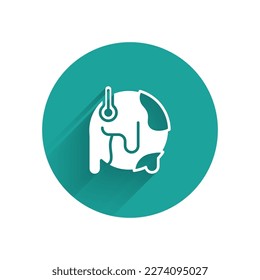 White Planet earth melting to global warming icon isolated with long shadow. Ecological problems and solutions - thermometer. Green circle button. Vector