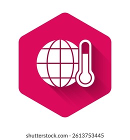 White Planet earth melting to global warming icon isolated with long shadow. Ecological problems and solutions - thermometer. Pink hexagon button. Vector