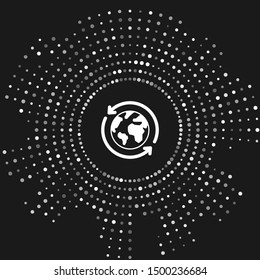 White Planet earth and a recycling icon isolated on grey background. Environmental concept. Abstract circle random dots. Vector Illustration