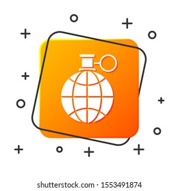White Planet earth and a recycling icon isolated on white background. Environmental concept. Orange square button. Vector Illustration