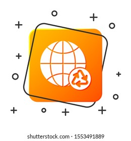 White Planet earth and a recycling icon isolated on white background. Environmental concept. Orange square button. Vector Illustration