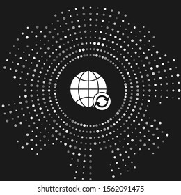 White Planet earth and a recycling icon isolated on grey background. Environmental concept. Abstract circle random dots. Vector Illustration