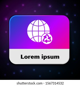 White Planet earth and a recycling icon isolated on black background. Environmental concept. Rectangle color button. Vector Illustration