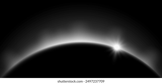 White planet eclipse concept. Solar light silver glare effect. Glowing sunrise horizon in dark space. Shining edge earth halo. Vector illustration design for poster, banner, cover, brochure, booklet