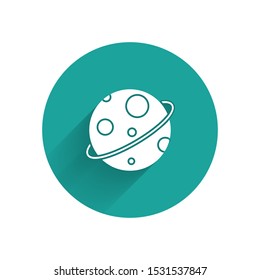 White Planet icon isolated with long shadow. Green circle button. Vector Illustration