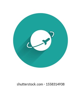 White Planet icon isolated with long shadow. Green circle button. Vector Illustration