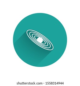 White Planet icon isolated with long shadow. Green circle button. Vector Illustration