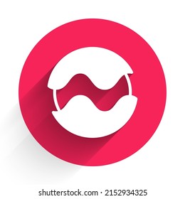 White Planet icon isolated with long shadow background. Red circle button. Vector