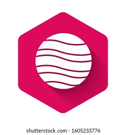 White Planet Jupiter icon isolated with long shadow. Pink hexagon button. Vector Illustration