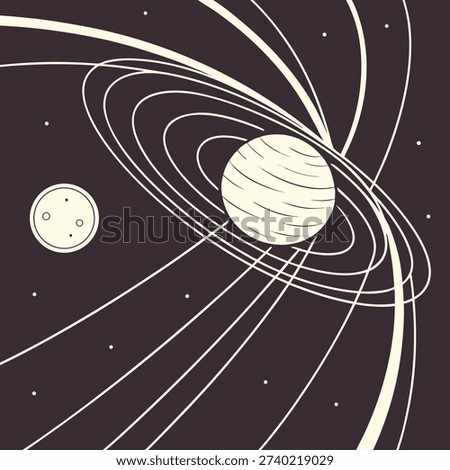 White planet with rings and orbiting moons in space.eps
