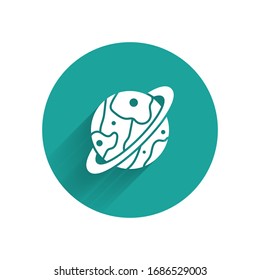 White Planet Saturn with planetary ring system icon isolated with long shadow. Green circle button. Vector Illustration
