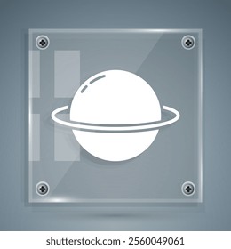 White Planet Saturn with planetary ring system icon isolated on grey background. Square glass panels. Vector