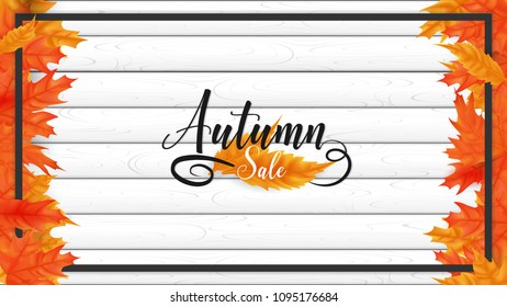 White plank boards are sorting on horizontal side decorate in fall leaves left and right ,rounding by black border ,on the middle included autumn text lettering style
