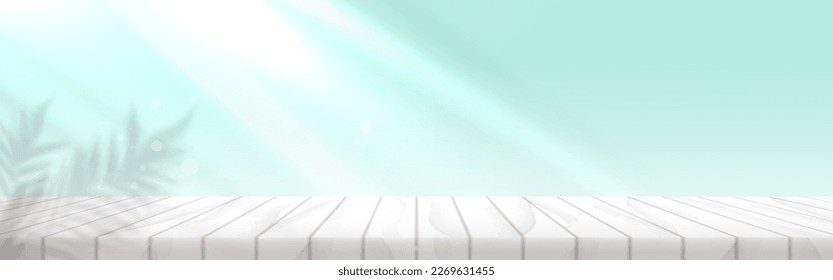 Placa blanca con fondo verde suave de verano. Para mostrar el producto, Mostrar. Resumen de fondo con sombra de planta tropical y luz solar. Plataforma cosmética. Ilustración vectorial.