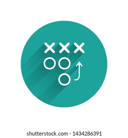 White Planning strategy concept icon isolated with long shadow. Soccer or american football cup formation and tactic. Green circle button. Vector Illustration