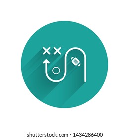 White Planning strategy concept icon isolated with long shadow. Soccer or american football cup formation and tactic. Green circle button. Vector Illustration