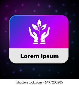 White Plant in hand of environmental protection icon isolated on black background. Seed and seedling. Planting sapling. Ecology concept. Rectangle color button. Vector Illustration