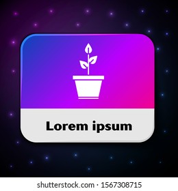 White Plant in pot icon isolated on black background. Plant growing in a pot. Potted plant sign. Rectangle color button. Vector Illustration
