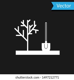 White Planting a tree in the ground icon isolated on black background. Gardening, agriculture, caring for environment.  Vector Illustration