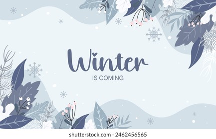 White plants background and snowing for winter season concept. Hand drawn isolated illustrations.