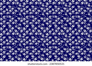 White Plants Ditzy Pixel Art Seamless Pattern on Dark Blue Background.  Vector design for fabric, tile, carpet, embroidery, wallpaper, and background