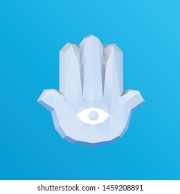 White Plaster Hamsa Hand of Fatima on Blue Background. Low Poly Vector 3D Rendering