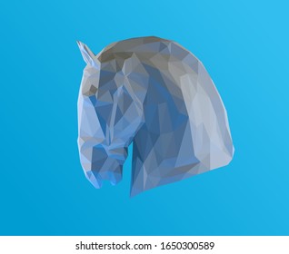 White Plaster Horse Profile on Blue Background. Low Poly Vector 3D Rendering